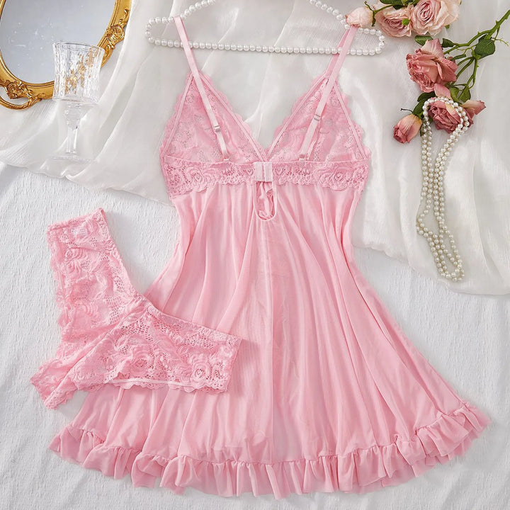 Fashion Sexy Lace Chiffon Mesh Nightdress Lingerie Set – Backless, Breathable & Elegant