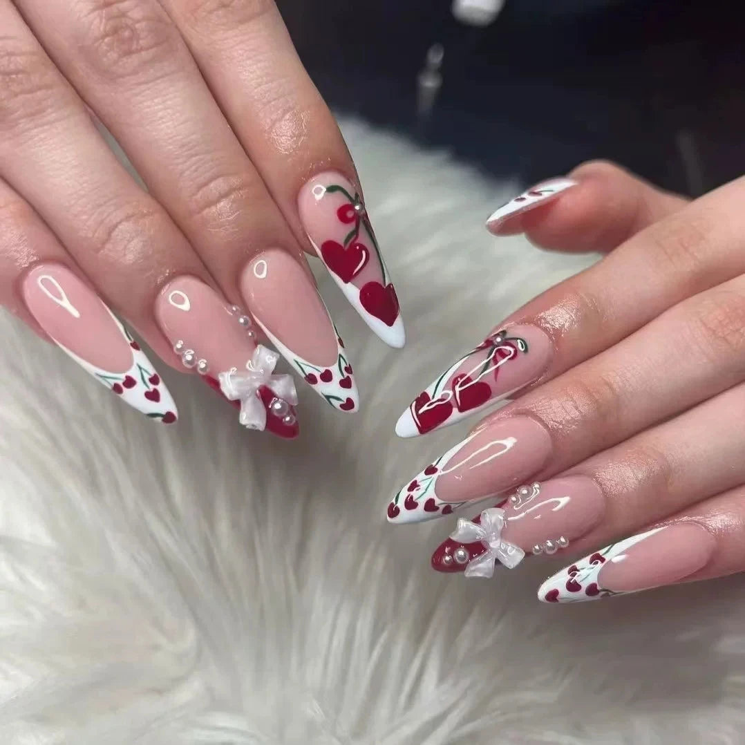Pink Almond Butterfly Ballet False Nails – 24pcs French Design Press-On Set