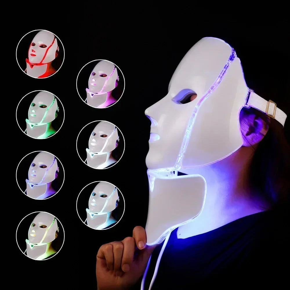 7-Color LED Light Therapy Mask with Neck Treatment – Skin Rejuvenation, Anti-Aging, Acne Therapy & Whitening Device
