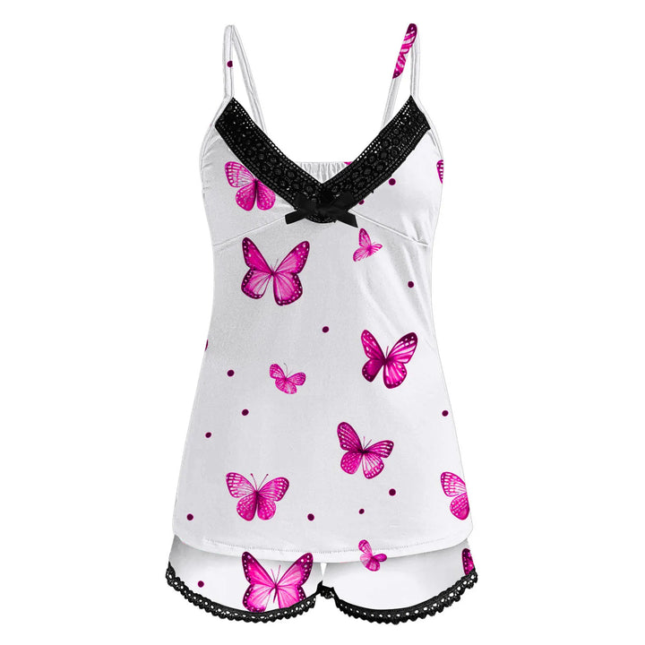FlutterDream™ Butterfly Print Lace Pajama Set  2-Piece Camisole & Shorts Sleepwear