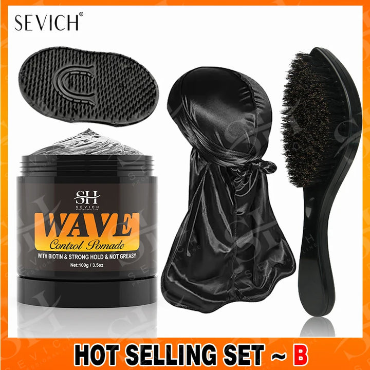 3.53oz Biotin Waves Control Pomade For Men Sevich Sport Strong Hold Wave Hair Gel With Brush Wavy Hair Oil Shampoo Conditioner