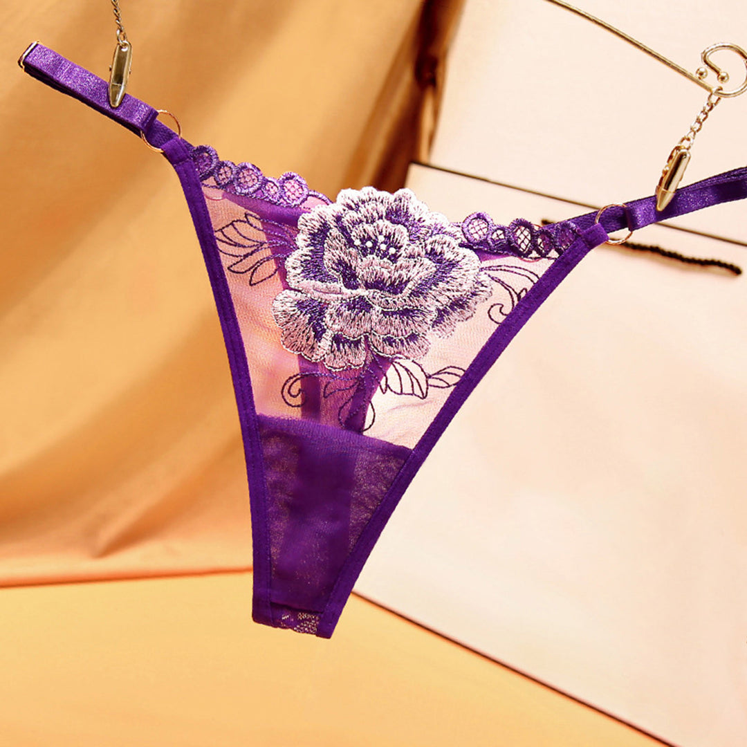 Embroidered Floral Lace Thong – Sexy Low-Waist Cutout Panties for Women