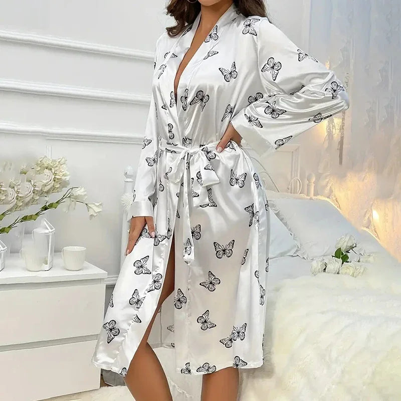 Women's Satin Nightdress Kimono Robes Bathrobes Sexy Sleepwear V Neck Long Sleeve Pajamas Loose Nightgowns Nightie Pyjama Female