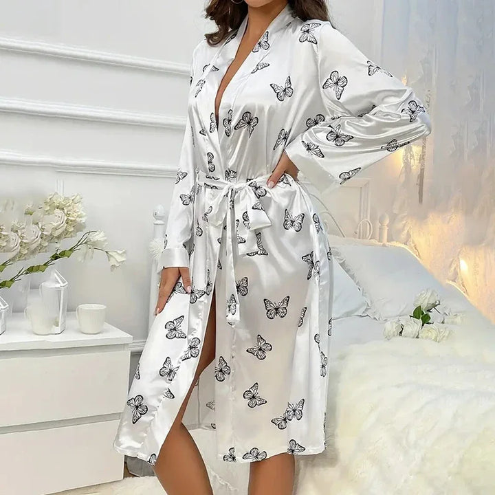 Women's Satin Nightdress Kimono Robes Bathrobes Sexy Sleepwear V Neck Long Sleeve Pajamas Loose Nightgowns Nightie Pyjama Female