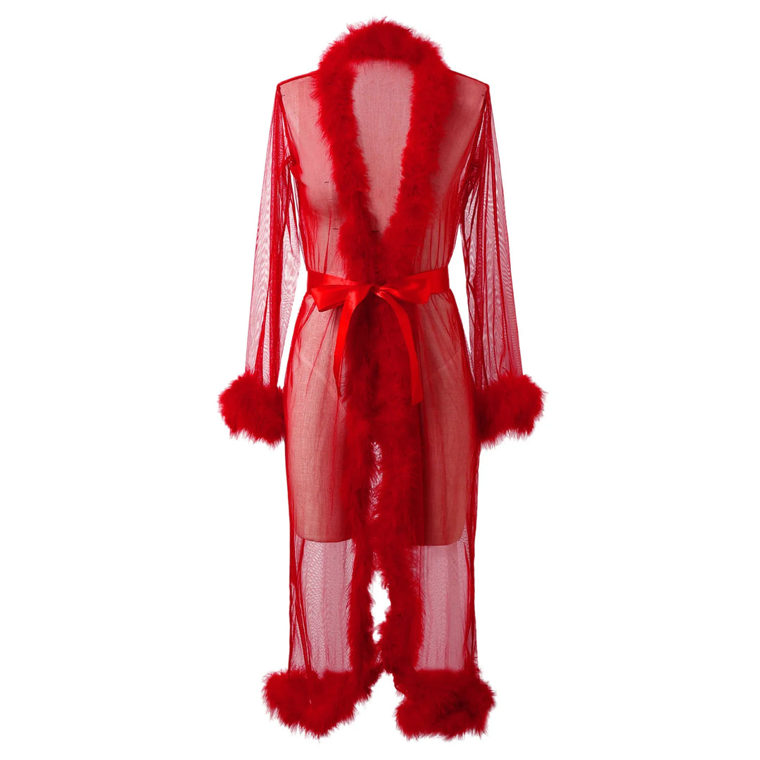 Women Sexy Lace Tulle Robe Sheer Long Robes Bathrobe Underwear Perspective Nightgown Layered Ruffles Bath Robe Gown Sleepwear