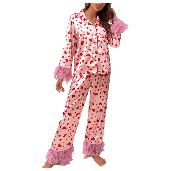 Women’s Satin Pajama Set – Heart Print Button-Down Loungewear with Feather Trim Long Sleeve Top & Pants