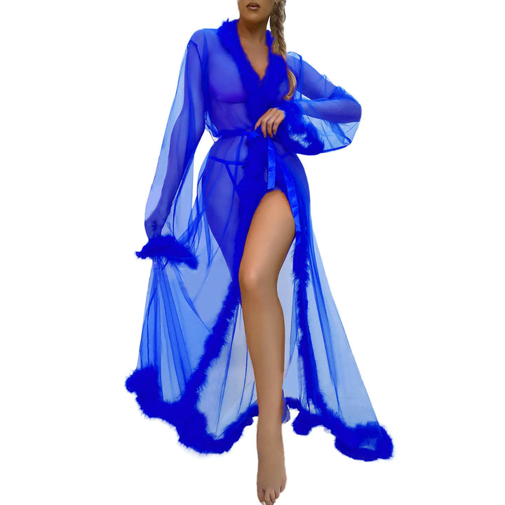 Women Sexy Lace Tulle Robe Sheer Long Robes Bathrobe Underwear Perspective Nightgown Layered Ruffles Bath Robe Gown Sleepwear