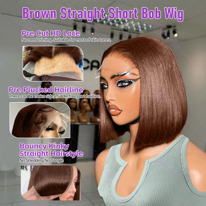 Luxe Volume Bob – Chocolate Brown HD Lace Wig, 250% Density