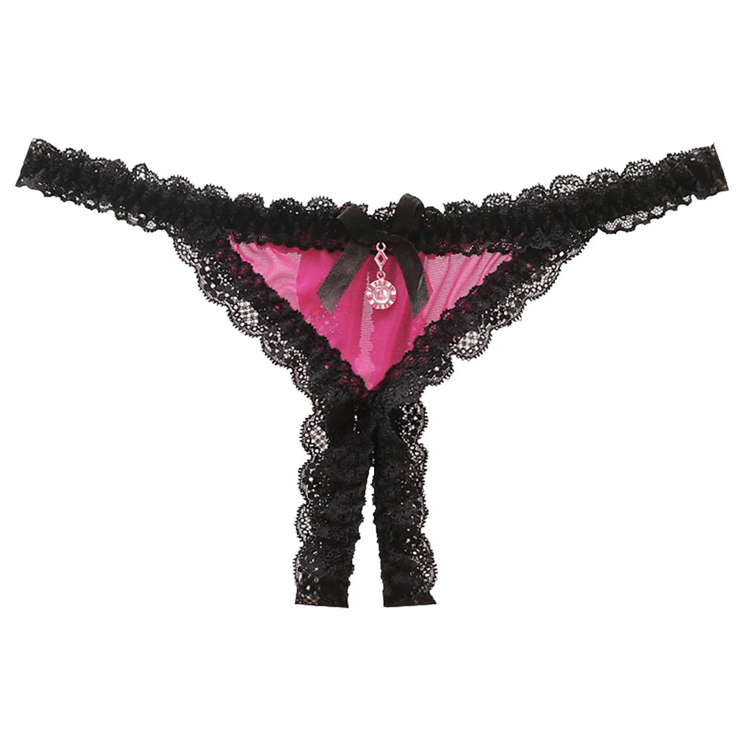 Open Crotch Lace T-Back Thong – Low Waist Crotchless Panty with Pendant Accent
