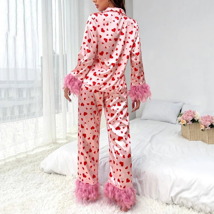 Women’s Satin Pajama Set – Heart Print Button-Down Loungewear with Feather Trim Long Sleeve Top & Pants