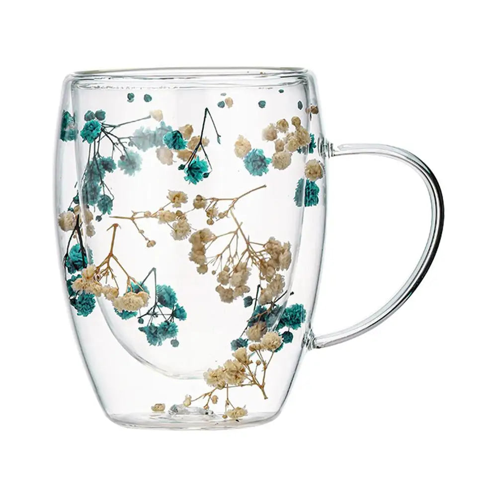 BlossomGlow Double Wall Glass Mug – 350ml Dried Flower Infusion