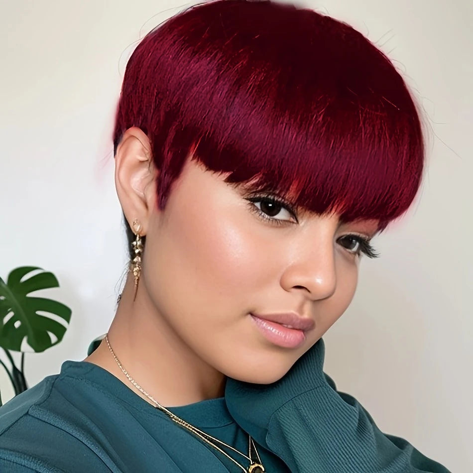 Sculpted Grace Pixie – 6” Straight Human Hair Wig in Black, Burgundy, or Brown