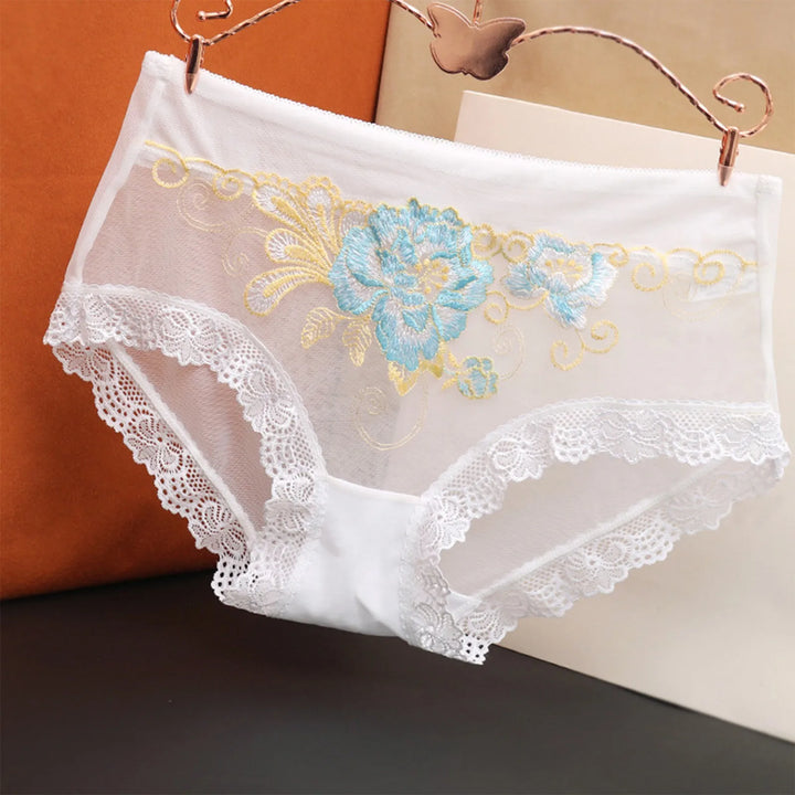 Plus Size Sheer Lace Embroidered Panties – High-Rise Seamless Briefs for Women