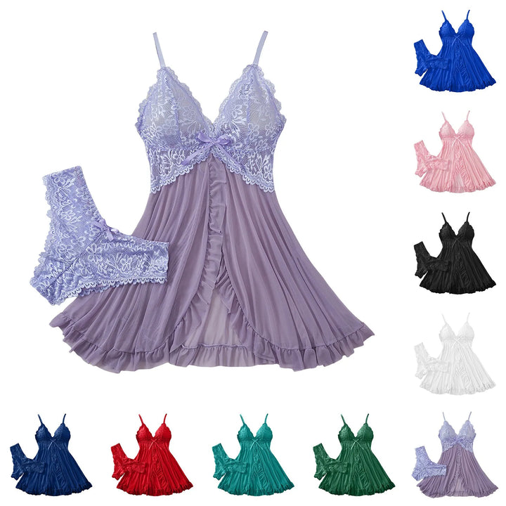 Fashion Sexy Lace Chiffon Mesh Nightdress Lingerie Set – Backless, Breathable & Elegant