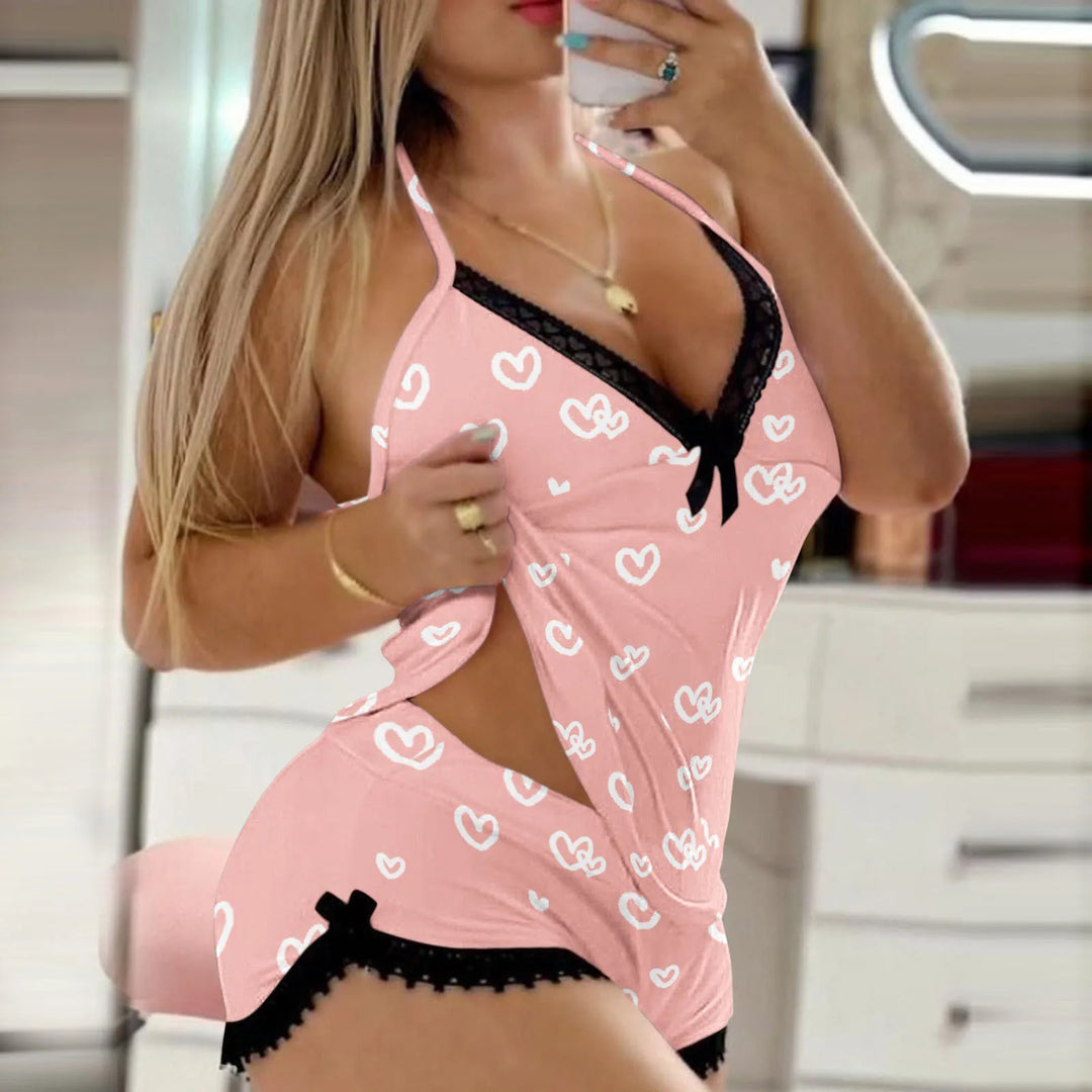 Midnight Romance™ Love-Print Lace Pajama Set  2-Piece Deep V Cami & Hot Shorts Sleepwear Ensemble