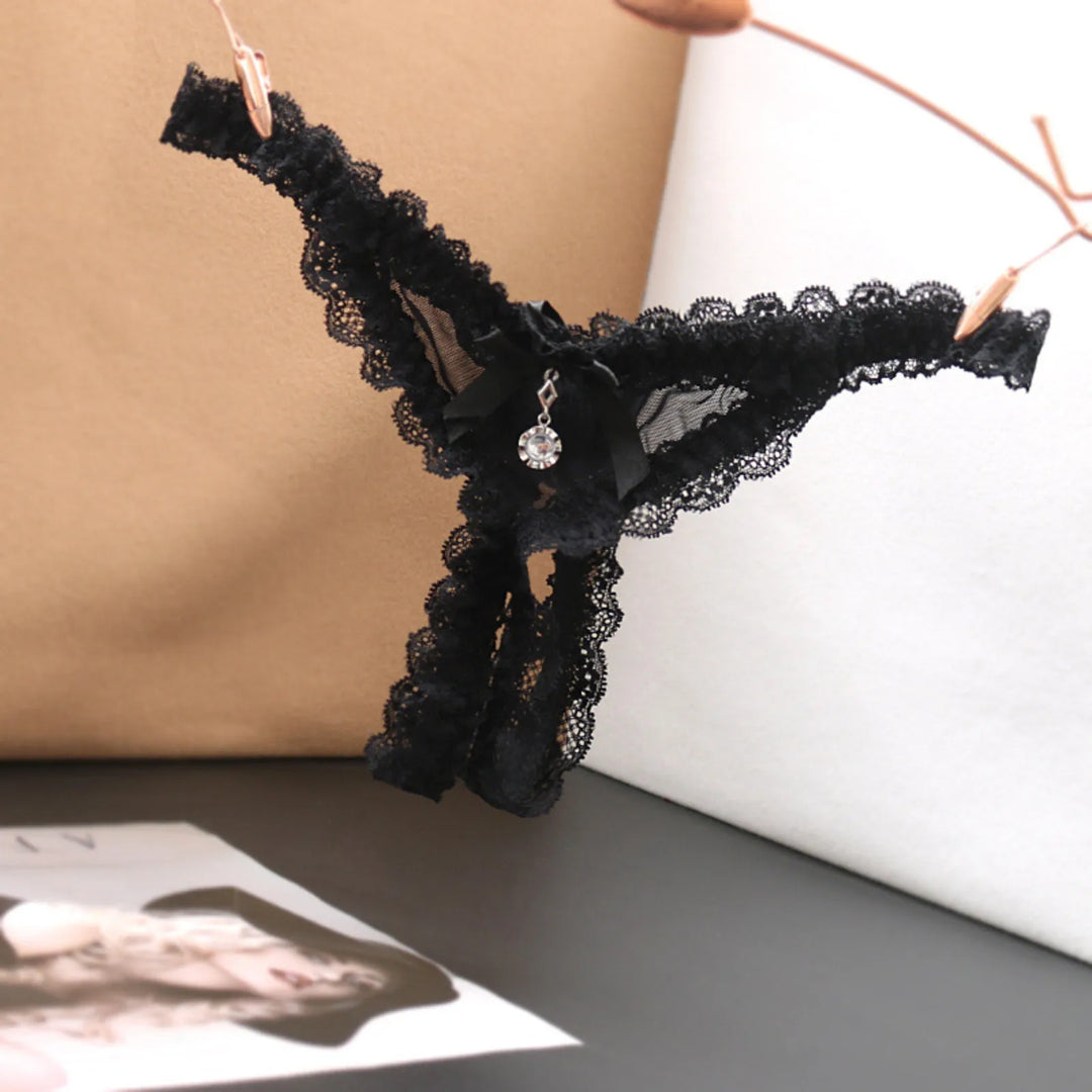 Open Crotch Lace T-Back Thong – Low Waist Crotchless Panty with Pendant Accent