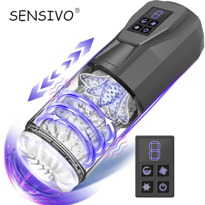 SENSIVO 360° Rotation Male Masturbation Cup – 7 Thrusting, Vibrating, Rotating & Licking Modes, 3D Textured Pocket Pussy Stroker, Rechargeable & Waterproof