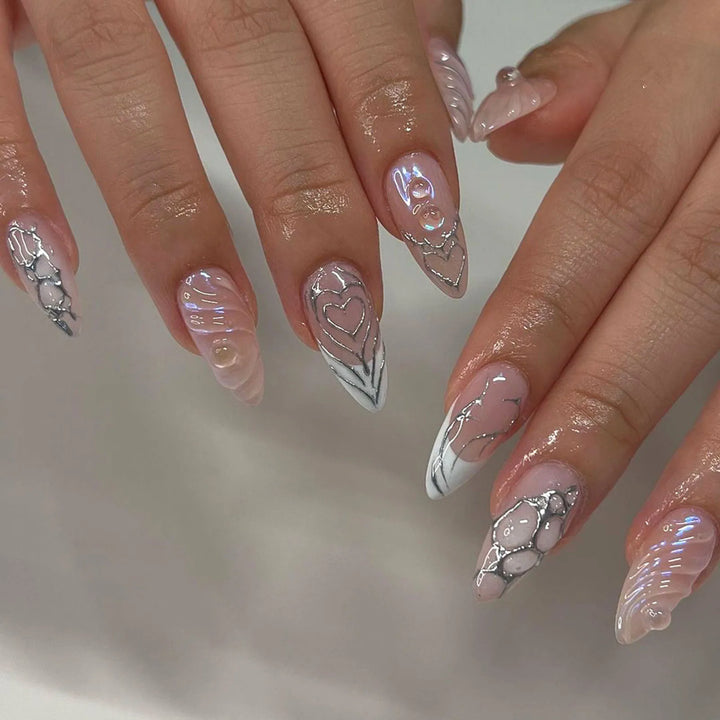 Mid-length French Press-on Nails with Silver Heart Accent – Gentle Pink & White Fade-resistant Artificial Nails – 24pcs