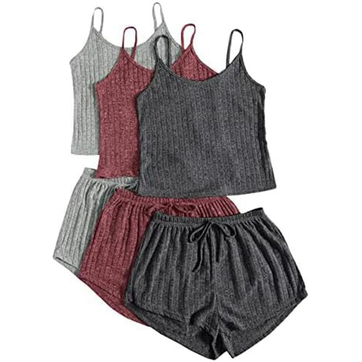 DreamEase™ 3-Piece Ribbed Pajama Set – Crop Top, Tie-Front Shorts & Lounge Pants