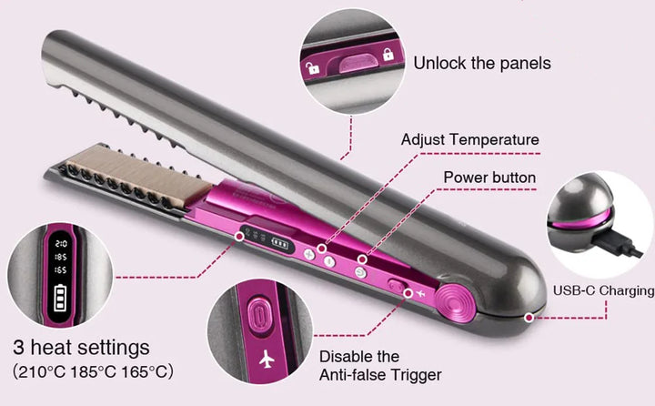 UKLISS Cordless Mini Hair Straightener & Curler – USB Rechargeable 2-in-1 Flat Iron for Travel & On-the-Go Styling