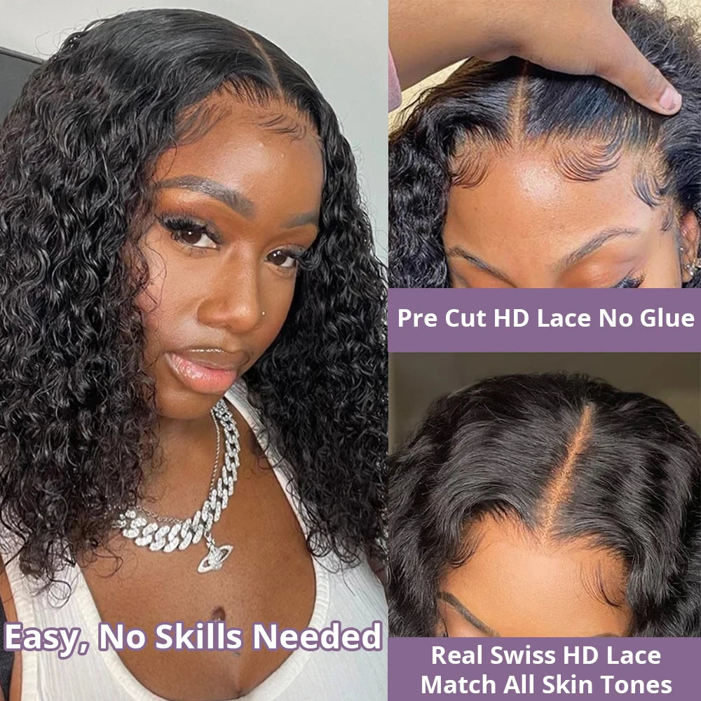 Water Wave Glueless Bob – Pre-Cut 13x4 Lace Front Wig in Natural Black