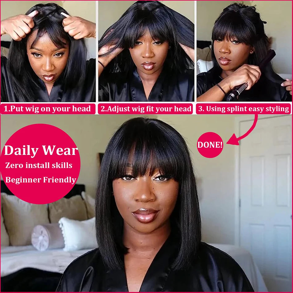 Empower Bangs Bob – Bone Straight Remy Human Hair Wig with Middle Part