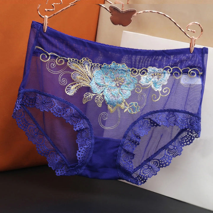 Plus Size Sheer Lace Embroidered Panties – High-Rise Seamless Briefs for Women
