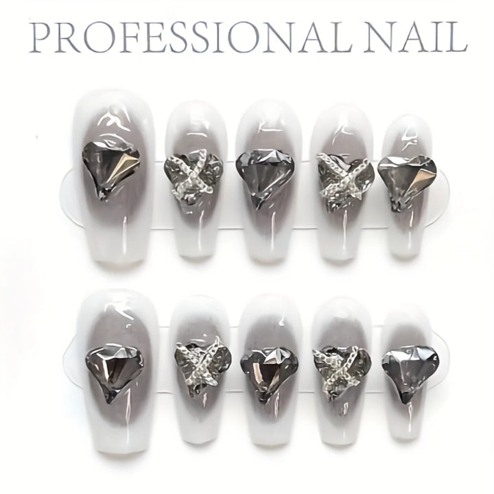 10pcs Handmade Black Gradient Press-On Nails – Glossy Medium Ballet Shape with Shining Heart Rhinestones