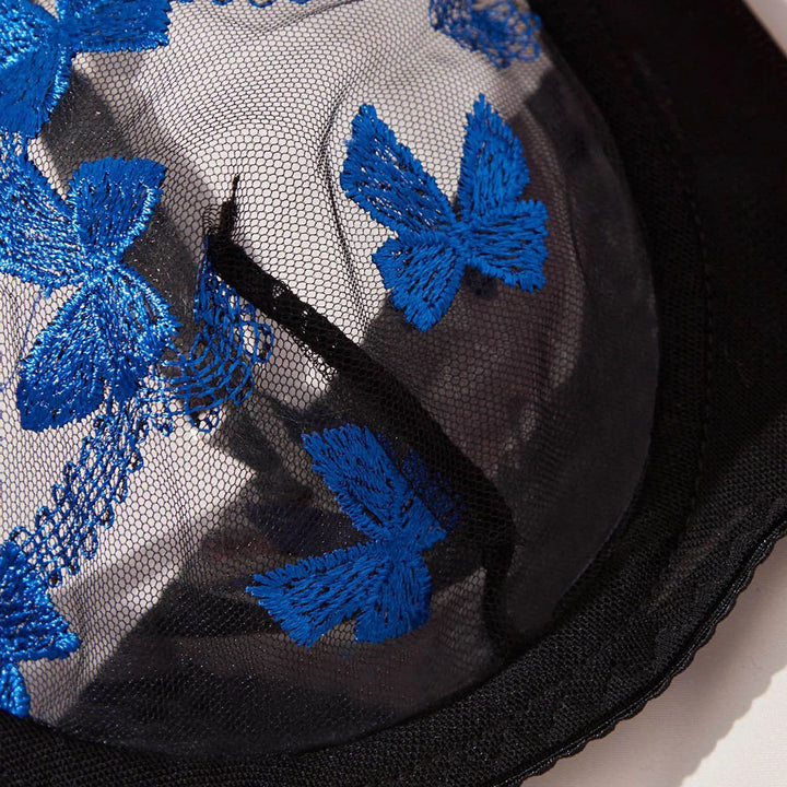 Seductive Black & Blue Embroidered Lingerie Set – Bowknot Detail, Sheer Elegance