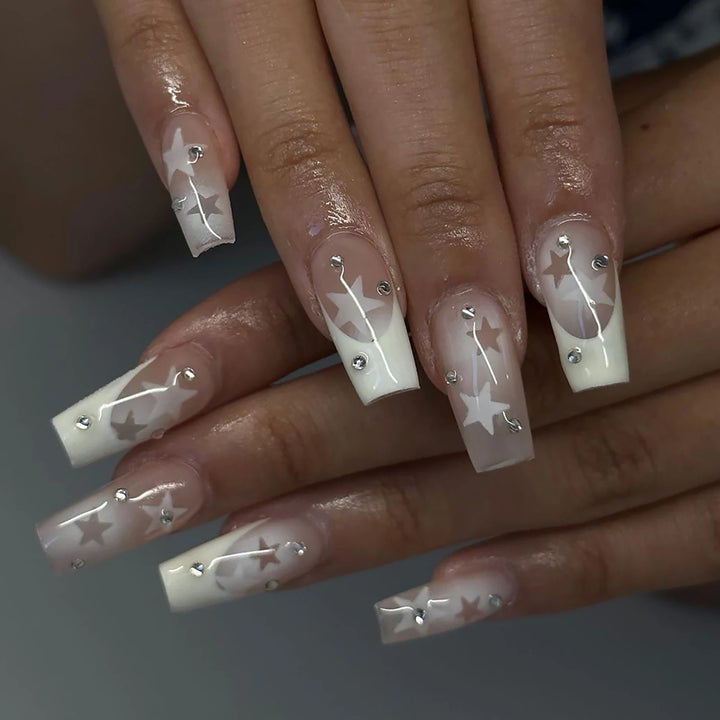 24pcs French Coffin Press-On Nails – White Tips with Star Pattern & Rhinestones, Reusable Resin False Nails for Women & Girls