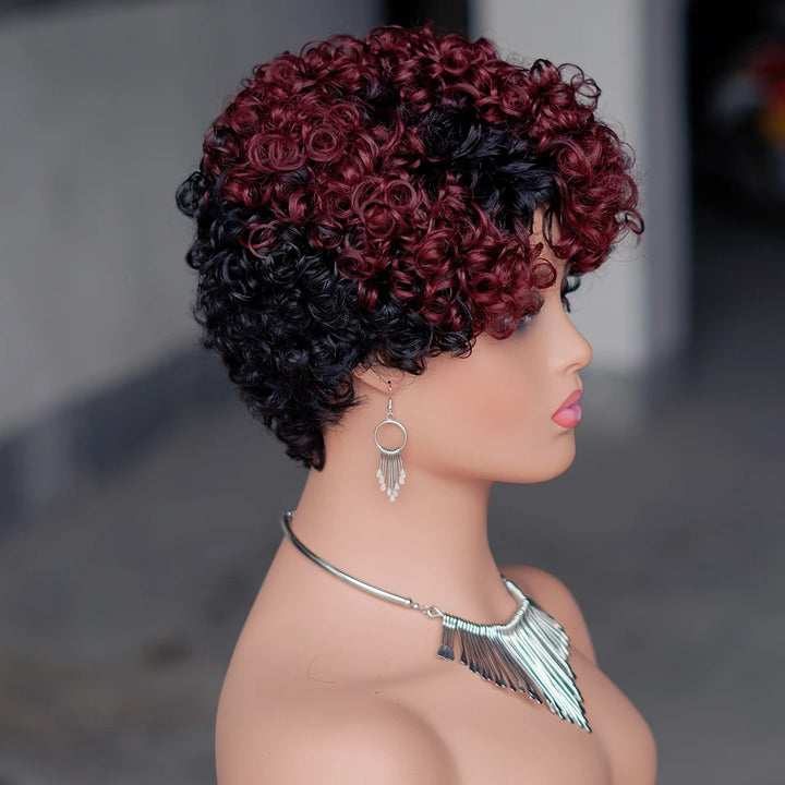 Crimson Spiral Pixie – 6” Curly Human Hair Wig with Bangs