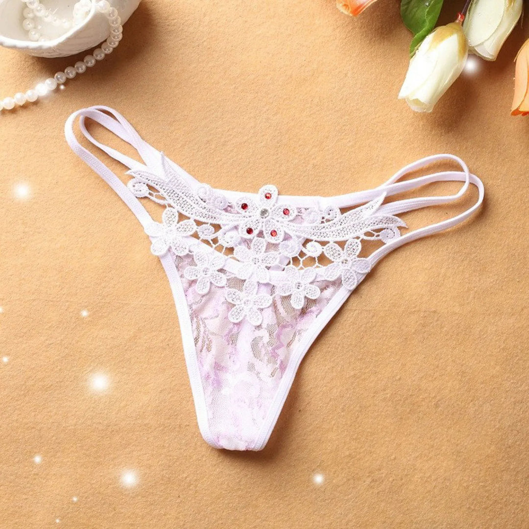 Floral Embroidered Lace G-String – Strappy Low-Waist Hipster Thong for Women