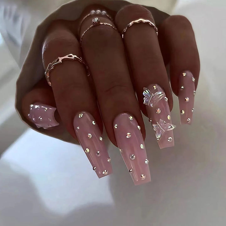 24pcs Long Ballerina Glossy Press-On Nails – Rhinestone & 3D Butterfly Design, Reusable Resin False Nails for Women
