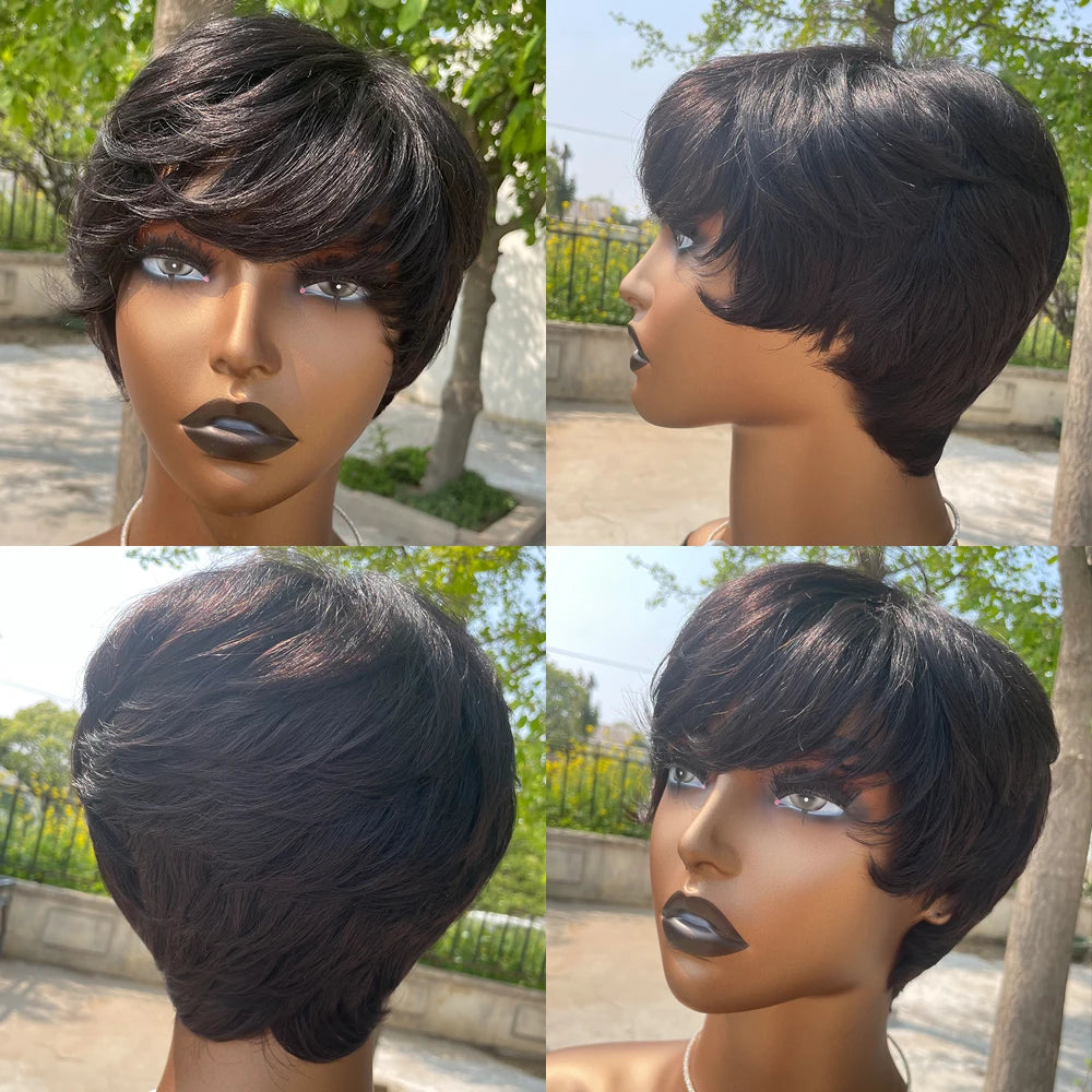 Chic Pixie Cut Wig – 100% Human Hair with Soft Bangs