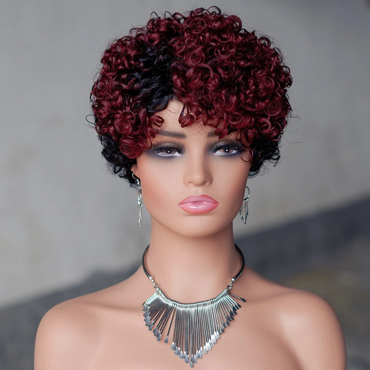 Crimson Spiral Pixie – 6” Curly Human Hair Wig with Bangs