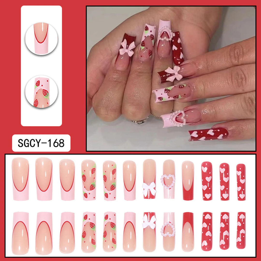24Pcs Pink Strawberry Press-On Nails – Glossy Reusable False Nails for Women, Artificial Manicure Set