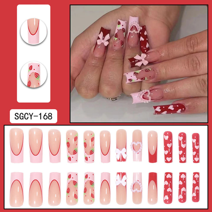 24Pcs Pink Strawberry Press-On Nails – Glossy Reusable False Nails for Women, Artificial Manicure Set