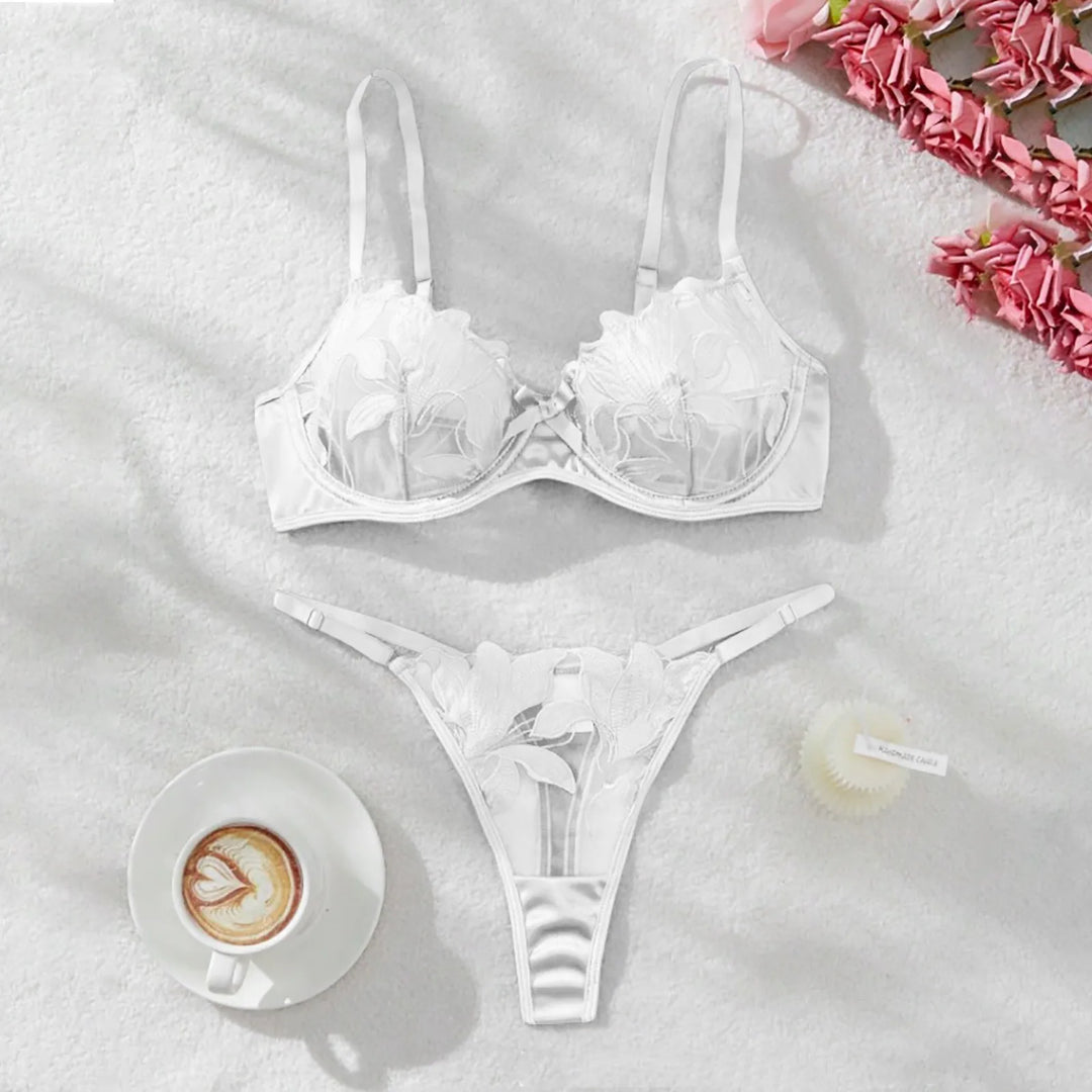 2-Piece Embroidered Lace Lingerie Set – Satin & Mesh Elegance