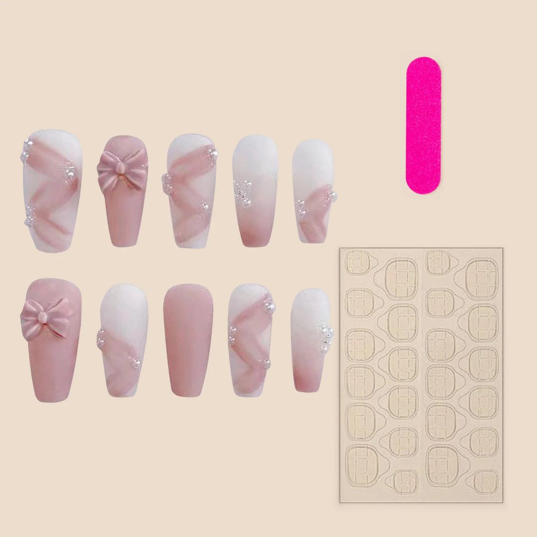 10pcs Gentle Pink False Nails with Pearl & 3D Bow Decor – Ultra-Flexible, Long-Lasting Resin Press-On Nails for Women & Girls