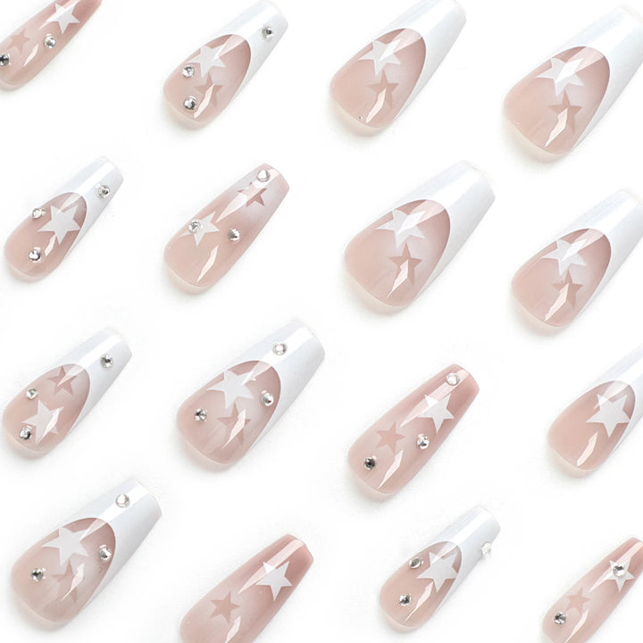 24pcs French Coffin Press-On Nails – White Tips with Star Pattern & Rhinestones, Reusable Resin False Nails for Women & Girls