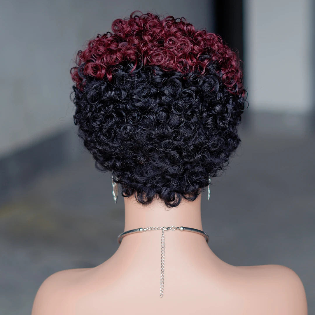 Crimson Spiral Pixie – 6” Curly Human Hair Wig with Bangs