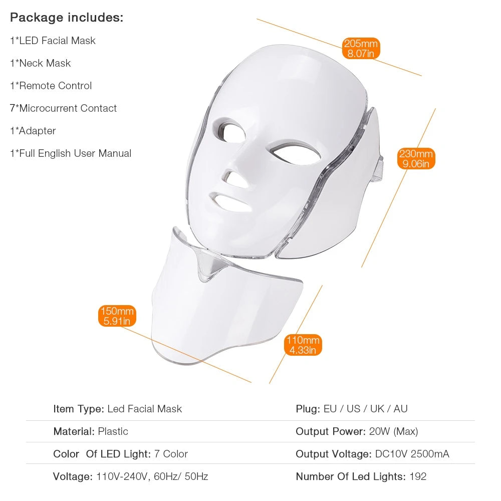 7-Color LED Light Therapy Mask with Neck Treatment – Skin Rejuvenation, Anti-Aging, Acne Therapy & Whitening Device