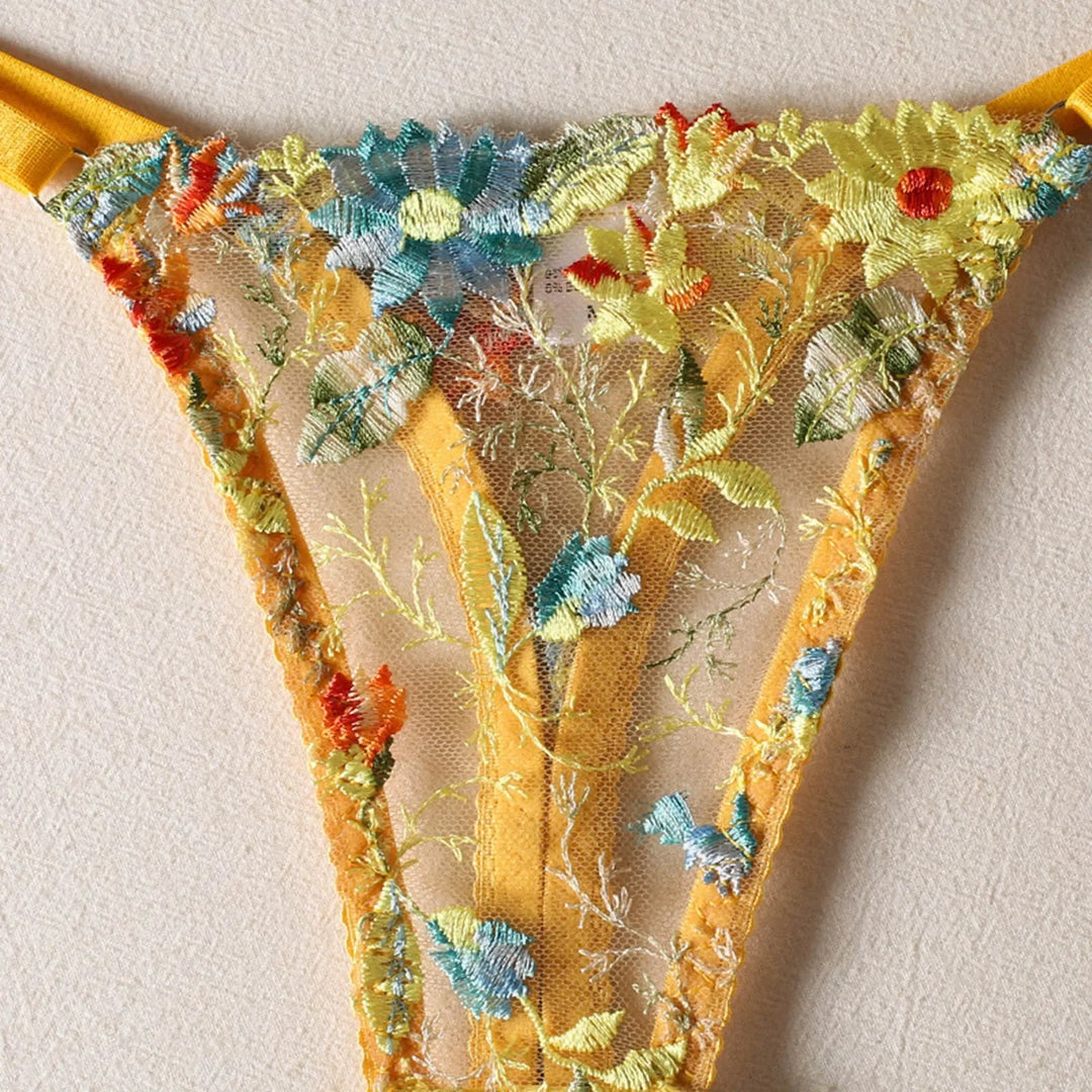 Golden Bloom – Sheer Yellow Flower Embroidered Lingerie Set