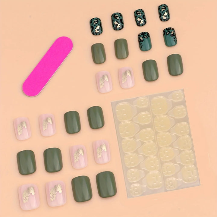 Chic Green Leopard Print & Golden Foil Press-On Nails – 24pc Glossy Square Set for Trendy, Stylish Wear