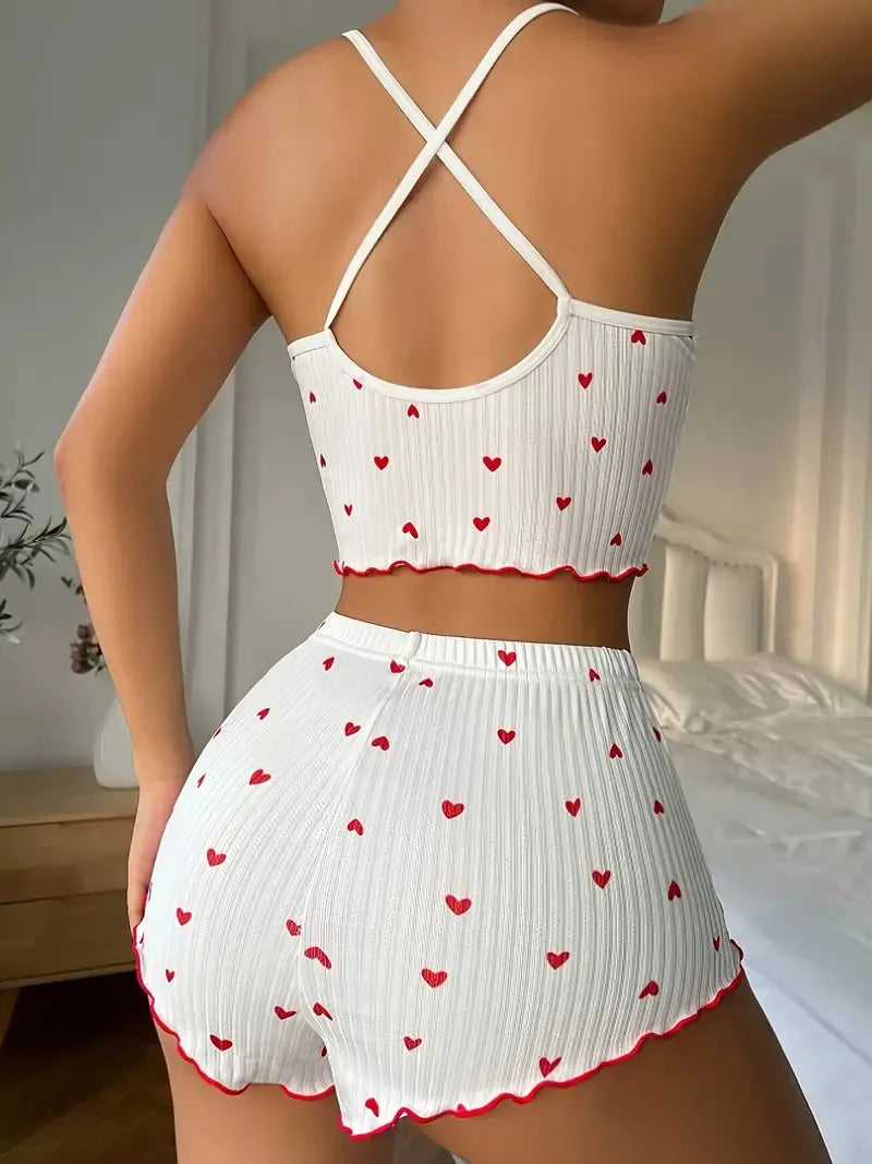 Sweetheart Dreams™ Ribbed Pajama Set  2-Piece Heart Print Cami & Frill-Trim Shorts Sleepwear