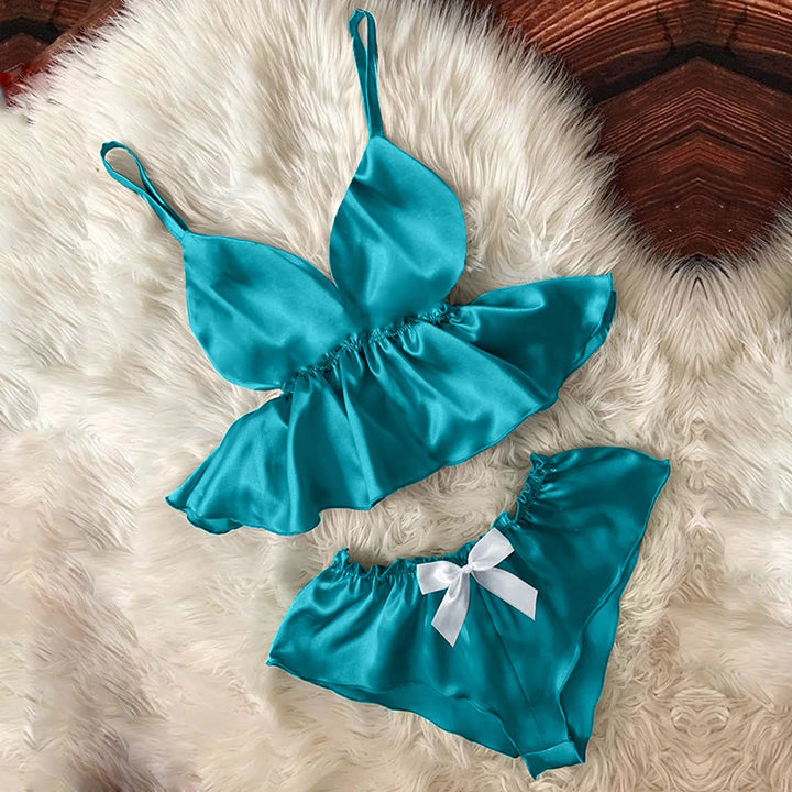 Sexy V-Neck Ruffle Pajama Set – Satin Camisole with Bowknot & Eyelash Lace Shorts