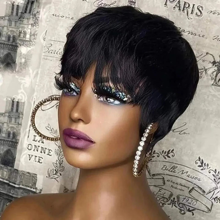 Chic Pixie Cut Wig – 100% Human Hair with Soft Bangs