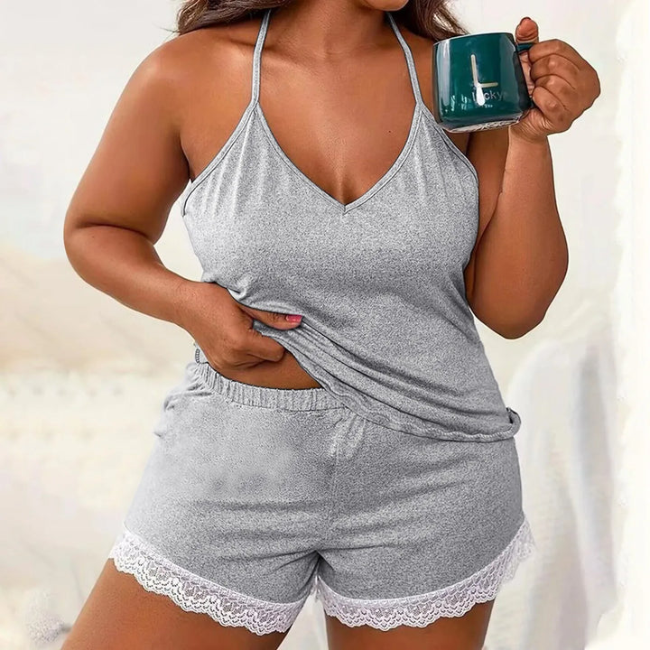 Plus Size Women’s Pajama Set – Lace Trim Sleeveless Top & Shorts 2-Piece Sleepwear for Summer