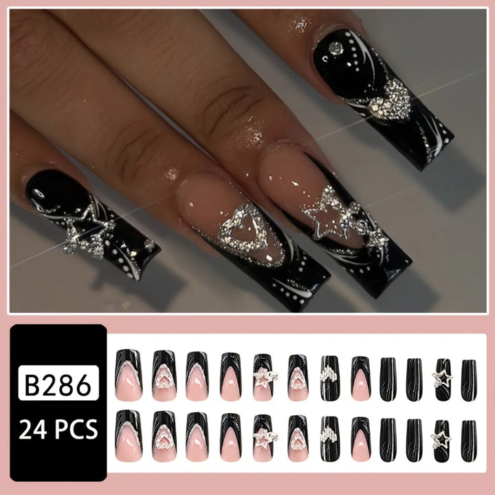 Elegant 24pc Black Glossy French Tips – Square Acrylic Press-On Nails with Glitter & Stripe Design – Includes Jelly Glue & Nail File