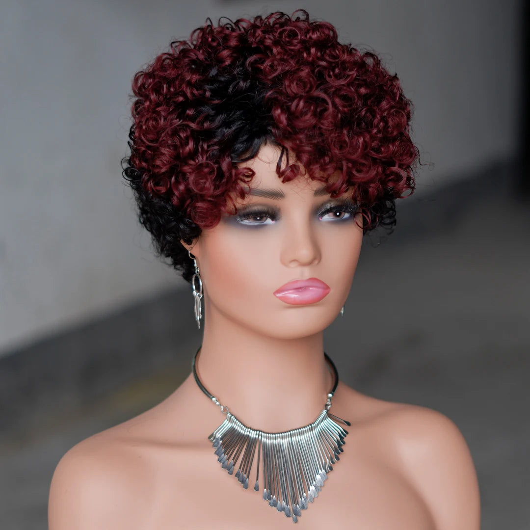 Crimson Spiral Pixie – 6” Curly Human Hair Wig with Bangs